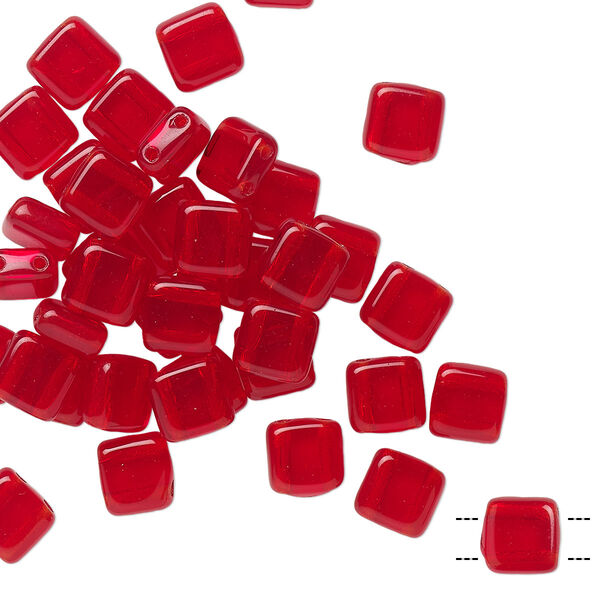 Bead, Preciosa, Czech pressed glass, transparent ruby, 6x6mm flat square with (2) 0.7mm holes. Sold per pkg of 40. image number 0