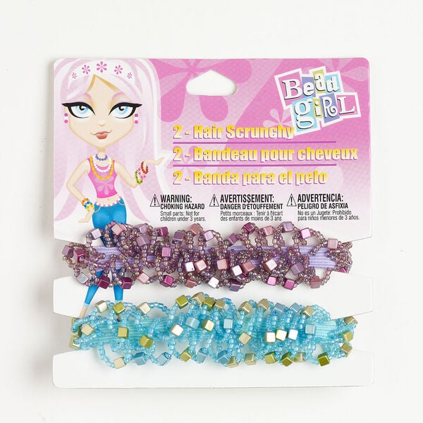 Hair scrunchy 1pkg2, elastic / nylon / acrylic / glass, purple / blue / green, 26mm width with mixed shapes, 7 inches. image number 0