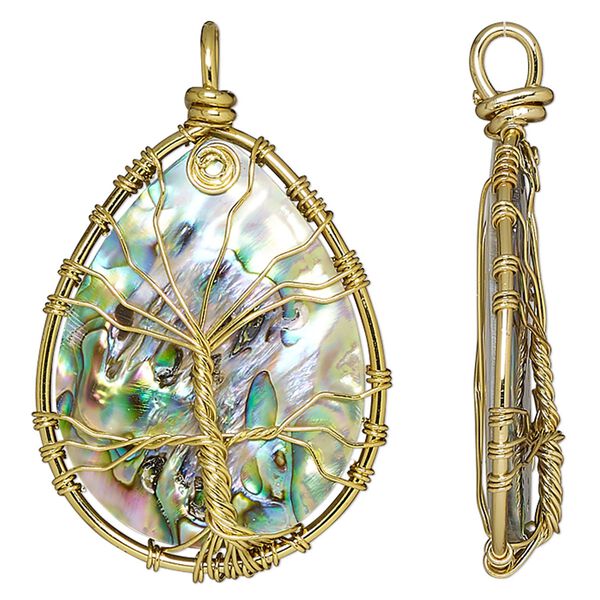 Pendant, abalone shell (natural) and gold-finished brass, 55x35mm-57x36mm single-sided flat teardrop with tree of life design. Sold individually. image number 0