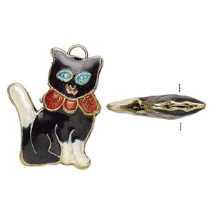 Charm, enamel and gold-finished copper, multicolored, 26x21mm double-sided cat with ribbon. Sold per pkg of 4.