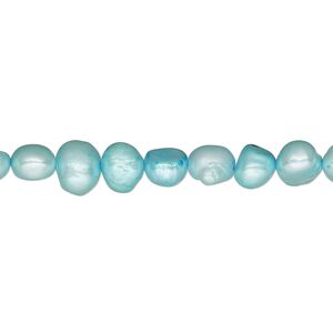 Pearl 1pkg1, cultured freshwater (dyed), teal blue, 5-7mm flat-sided potato, D grade, Mohs hardness 2-1/2 to 4. 15-1/2 to 16 inch strand.