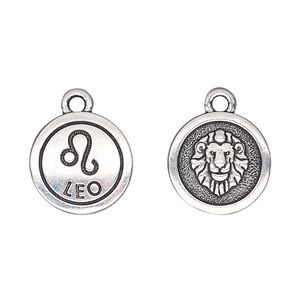 Charm, TierraCast®, antique silver-plated pewter (tin-based alloy), 15mm two-sided flat round with Leo zodiac sign and symbol. Sold per pkg of 20.