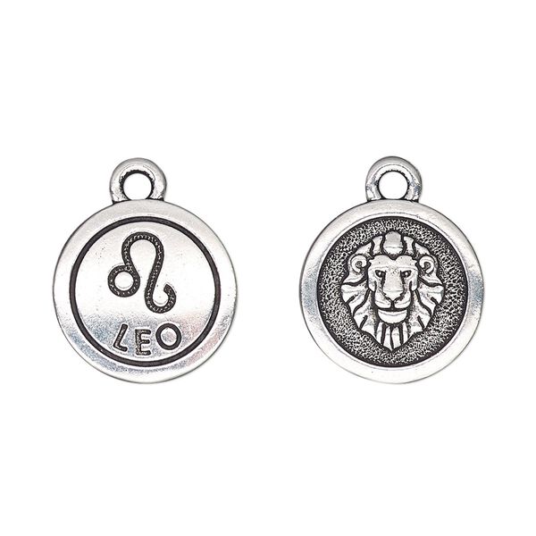 Charm, TierraCast®, antique silver-plated pewter (tin-based alloy), 15mm two-sided flat round with Leo zodiac sign and symbol. Sold per pkg of 20. image number 0
