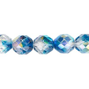 Bead, Czech fire-polished glass, two-tone, crystal/aqua AB, 10mm faceted round. Sold per 15-1/2" to 16" strand.