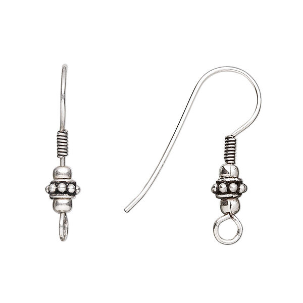 Ear wire, antiqued sterling silver, 25mm fishhook with 4x3mm beaded rondelle and 4mm coil with open loop, 22 gauge. Sold per pair. image number 0