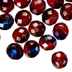 Bead 1pkg40 Czech fire-polished glass, red blue iris, 10mm faceted round.