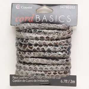 Cord, faux leather, grey and black, 5mm round with spots. Sold per pkg of 2 meters.