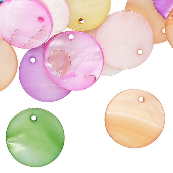 Drop mix, mother-of-pearl shell (bleached/dyed), mixed colors, 15mm flat round, Mohs hardness 3-1/2. Sold per pkg of 100. image number 0