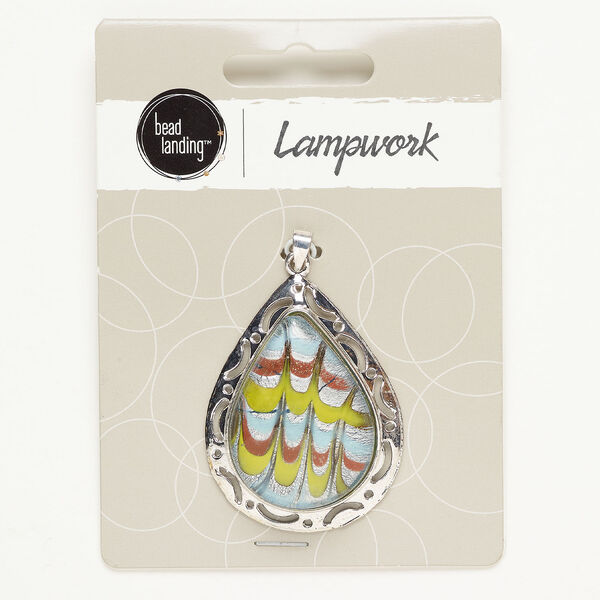 Pendant, antique silver-finished "pewter" (zinc-based alloy) and glass, green and light blue, 45x34mm cutout teardrop with silver-colored foil and copper-colored foil. Sold individually. image number 0