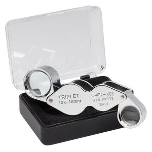Loupe, 20x and 10x power, steel and glass, 91x21mm (when open) with acrylic case. Sold individually.