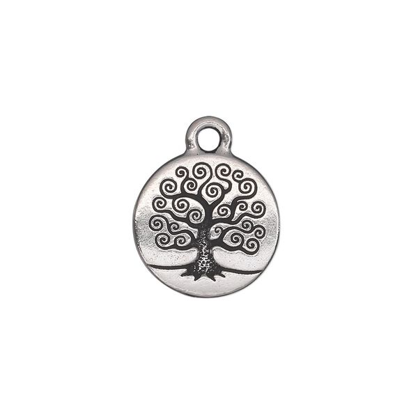 Drop, TierraCast®, antique silver-plated pewter (tin-based alloy), 15.5mm double-sided flat round with tree of life. Sold per pkg of 2. image number 0