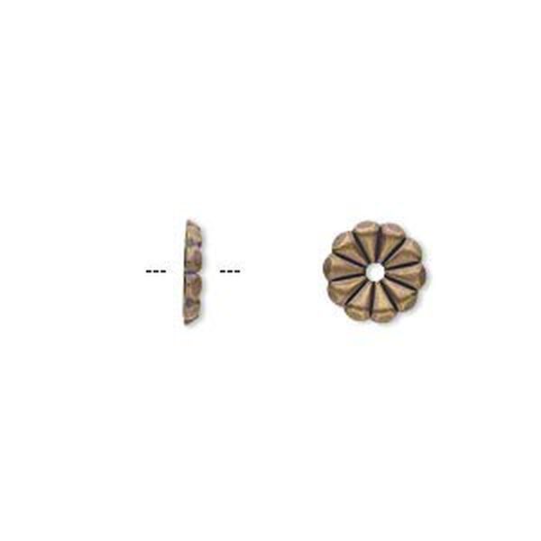 Washer, brass, 9mm single-sided flat round flower with pressed petal design and 1.4mm hole. Sold per pkg of 50. image number 0