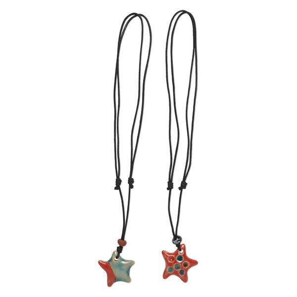 Necklace, porcelain and waxed cotton cord (dyed), multicolored, 40x40mm-45x45mm single-sided hand-painted star, adjustable 16 to 32 inches. Sold per pkg of 2. image number 0