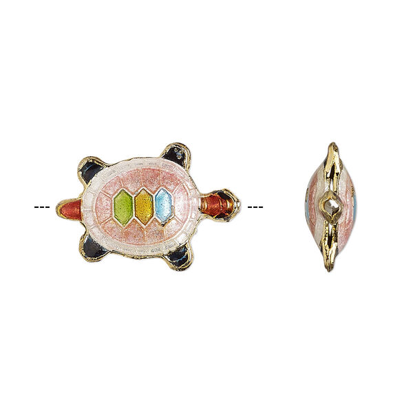 Bead, enamel and gold-finished copper, pink and multicolored, 20x13mm turtle. Sold per pkg of 4. image number 0