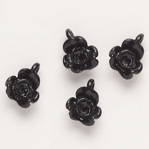 Charm, "pewter" (zinc-based alloy) and enamel, black, 17x13mm flower. Sold per pkg of 4.