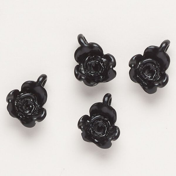 Charm, "pewter" (zinc-based alloy) and enamel, black, 17x13mm flower. Sold per pkg of 4. image number 0