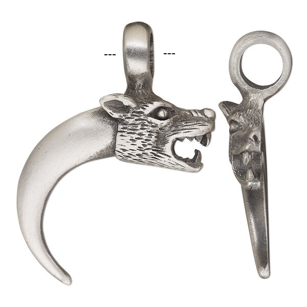 Pendant, Powerful Pewter Pendants, antiqued pewter (tin-based alloy), 44x32.5mm single-sided wolf claw with 7mm hole. Sold individually. image number 0