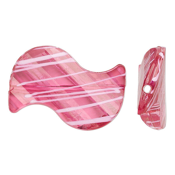 Bead, acrylic, semitransparent fuchsia and white, 35x23mm S-shape with painted line design. Sold per pkg of 24. image number 0