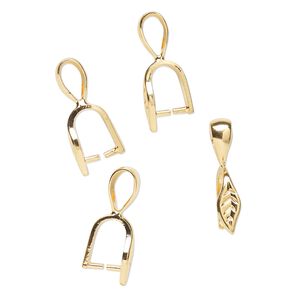 Bail, ice pick, gold-plated brass, 16x3mm single-sided leaf, 6.4mm grip length. Sold per pkg of 4.