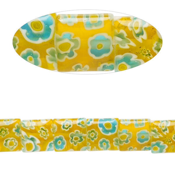 Bead, millefiori glass, translucent yellow / blue / white, 7mm-9x8mm puffed square with flower design. Sold per 14-inch strand. image number 0
