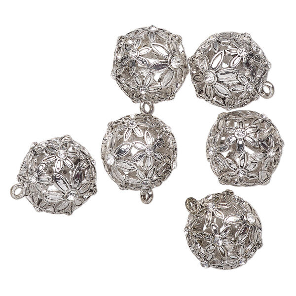 Drop, antique silver-finished "pewter" (zinc-based alloy) and glass, clear, 22mm round with flower design. Sold per pkg of 6. image number 0