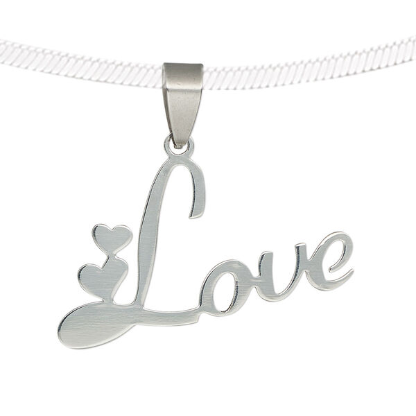Pendant, stainless steel, 35x22mm two-sided matte and shiny "Love" with hearts. Sold individually. image number 0
