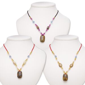 Multi-gemstone / acrylic / glass 1pkg3, rounded rectangle pendant necklace mix continuous loop 20 inch 29x19mm-30x20mm