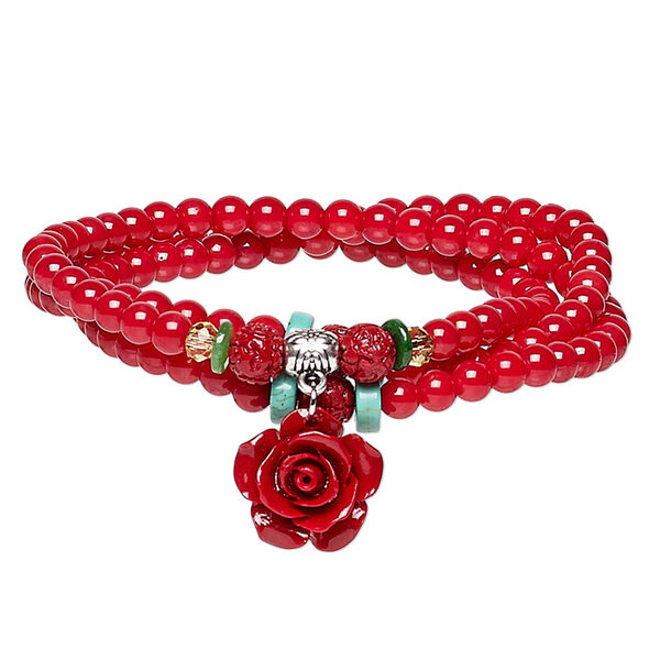 Bracelet, stretch wrap, bamboo coral (dyed) / resin / glass / antique silver-plated "pewter" (zinc-based alloy), multicolored, 15mm rose, 7 inches. Sold individually. image number 0
