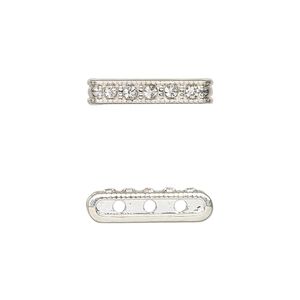Spacer bar, silver-finished "pewter" (zinc-based alloy) and glass, clear, 18.5x4mm, 3-strand with crystals on one side, fits up to 6mm beads. Sold per pkg of 6.
