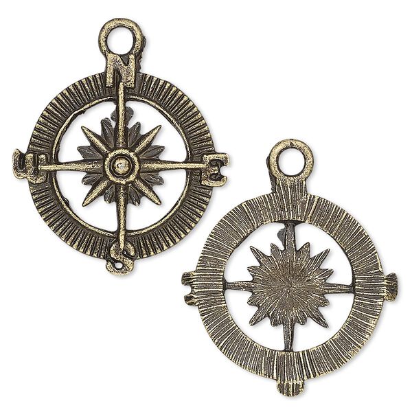 Charm, antique brass-plated "pewter" (zinc-based alloy), 25x25mm single-sided compass rose. Sold per pkg of 4. image number 0