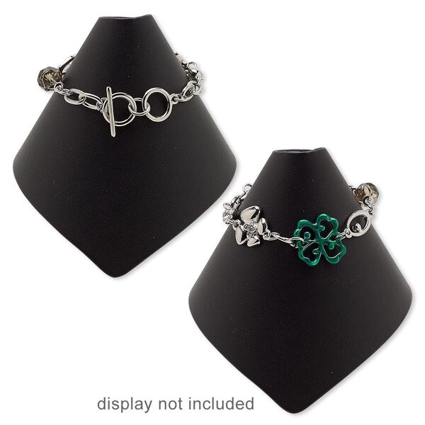 Bracelet, glass rhinestone / glass / enamel / imitation rhodium-finished steel / "pewter" (zinc-based alloy), grey / green / clear, 19mm wide with 4-leaf clover, 6 inches with toggle clasp. Sold individually. image number 0
