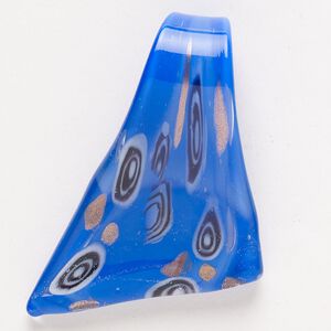 Focal, lampworked glass, pkg/1, opaque cobalt blue/black/white with copper-colored glitter, 50x42mm-53x45mm top-drilled slant triangle.