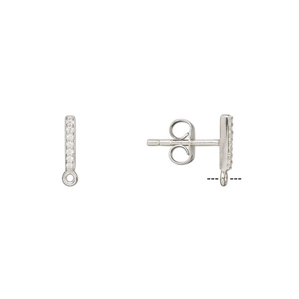 Earstud, cubic zirconia and rhodium-plated sterling silver, clear, 8x1.5mm bar with closed loop. Sold per pair. image number 0