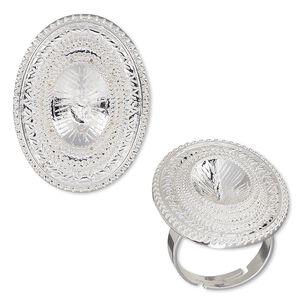 Ring, Almost Instant Jewelry®, silver-plated "pewter" (zinc-based alloy), 31mm wide with beaded design and 14x10mm oval setting, adjustable from size 6 to 7-1/2. Sold individually.