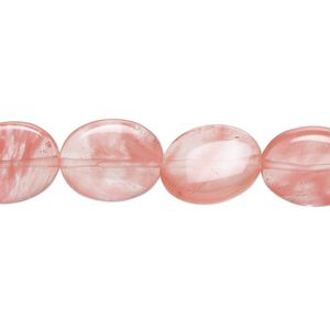 Bead, cherry "quartz" glass, 14x11mm puffed oval with 0.6-0.8mm hole. Sold per 15-inch strand.
