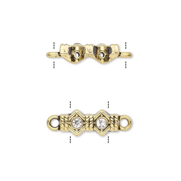 Link, glass rhinestone and antique gold-finished "pewter" (zinc-based alloy), clear, 14x7mm double-drilled bar with diamond design, fits up to 5mm bead. Sold per pkg of 10. image number 0