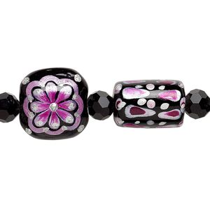 Bead, glass and lampworked glass, black / multi-pinks / metallic silver, 6mm faceted round and 10x10mm-16x10mm double-sided multi-shape with hand-painted abstract designs. Sold per 7-inch strand.