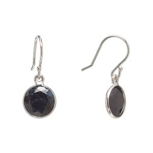 Earring, Create Compliments®, black sapphire (heated) and sterling silver, 23.5mm round with fishhook ear wire, 21 gauge. Sold per pair.