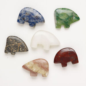 Multi-gemstone 1pkg6, half-drilled puffed / flat zuni-style bear, focal mix 35x27mm-44x31mm
