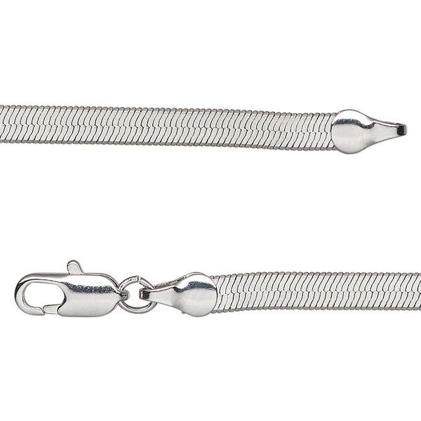 Chain, silver-plated brass, 4mm herringbone, 16 inches with lobster claw clasp. Sold individually. image number 0