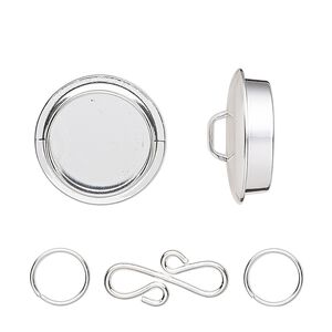 Clasp, silver-plated "pewter" (zinc-based alloy), 25mm round with 19mm non-calibrated round bezel setting and 17x9mm S-hook with (2) 8mm jump rings. Sold individually.