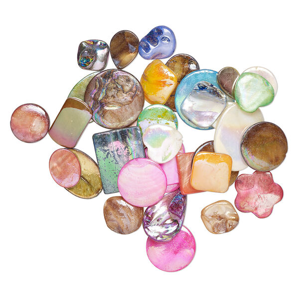 Bead mix, mother-of-pearl shell (natural / bleached / dyed), mixed colors, 9mm-35x25mm mixed shapes with 0.6-0.8mm hole, Mohs hardness 3-1/2. Sold per 4-ounce pkg, approximately 35 beads. image number 0