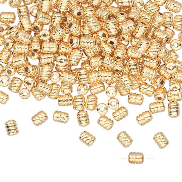 Bead, gold-plated brass, 4x3mm ribbed tube. Sold per pkg of 100. image number 0