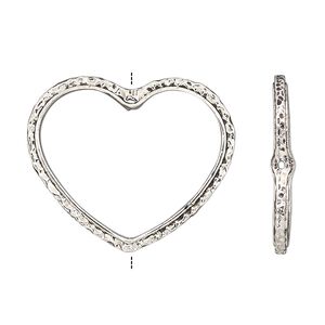Bead frame, antique silver-finished "pewter" (zinc-based alloy), 28x24mm open heart with hammered edge, fits up to 16mm bead. Sold per pkg of 2.