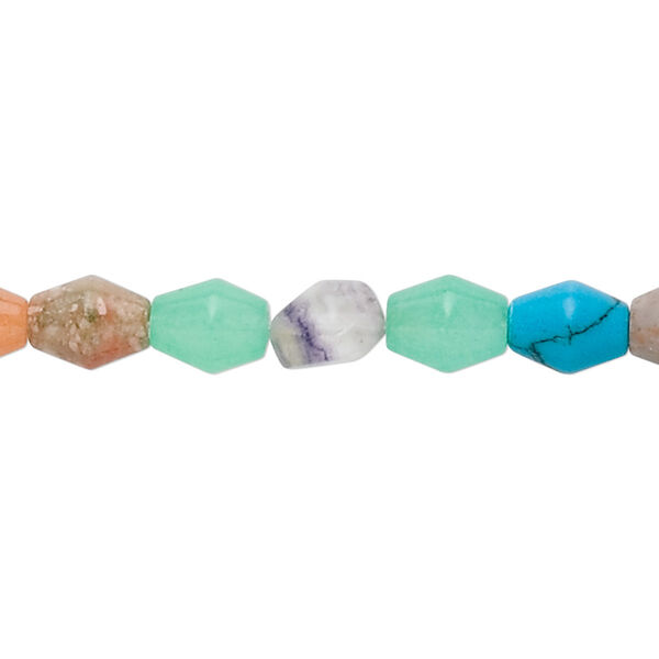 Bead, multi-gemstone (natural / dyed / manmade) and glass, multicolored, 8x6mm double cone, B grade. Sold per 15" to 16" strand. image number 0