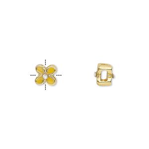 Bead, epoxy / glass rhinestone / gold-finished "pewter" (zinc-based alloy), yellow and clear, 6x6mm cross-drilled double-sided flower with 2mm hole. Sold per pkg of 4.