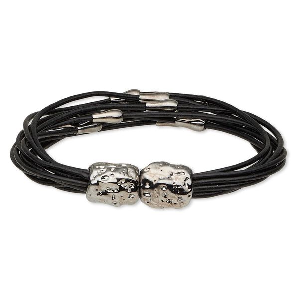 Bracelet, 10-strand, leather (dyed) and gunmetal-finished "pewter" (zinc-based alloy), black, 12mm wide with 9x5mm teardrop, 7 inches with magnetic clasp. Sold individually. image number 0