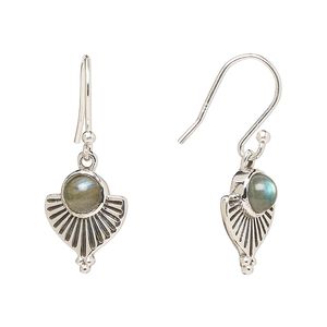 Earring, Create Compliments®, antiqued sterling silver and labradorite (natural), fishhook, 28mm with 14x11.5mm single-sided fan, 21 gauge. Sold per pair.