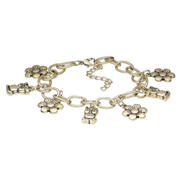 Bracelet, antique brass-coated plastic and antique brass-plated steel, 30mm wide with owl and flower, 7-1/2 inches with 2-inch extender chain and lobster claw clasp. Sold individually. image number 0