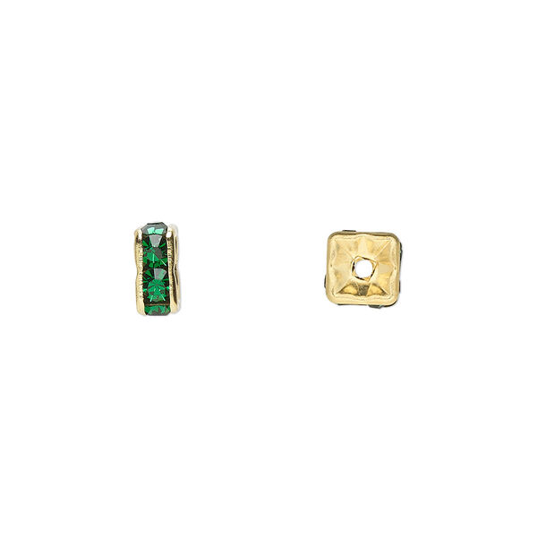 Bead, glass rhinestone and gold-finished brass, emerald green, 6x3mm squaredelle. Sold per pkg of 10. image number 0